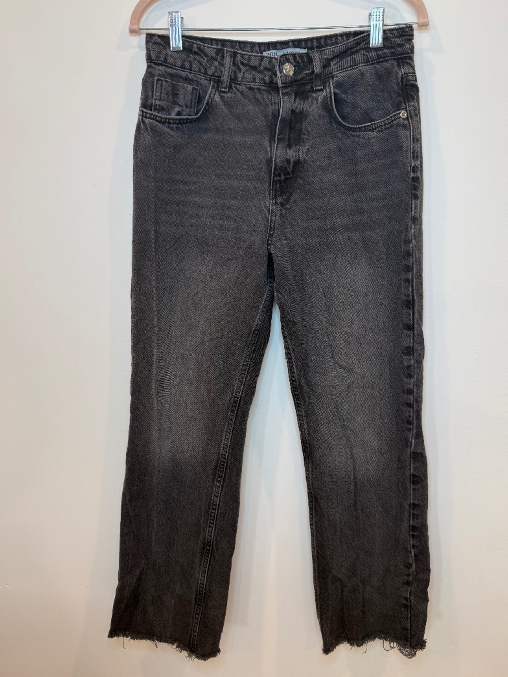 Zara Women's High-Waisted Straight-Leg Jeans with Raw Edge Hem - Washed Black
